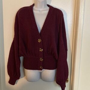 FARM Rio Balloon Sleeve Cardigan Sweater Mohair Wool Blend Plum Large NWT